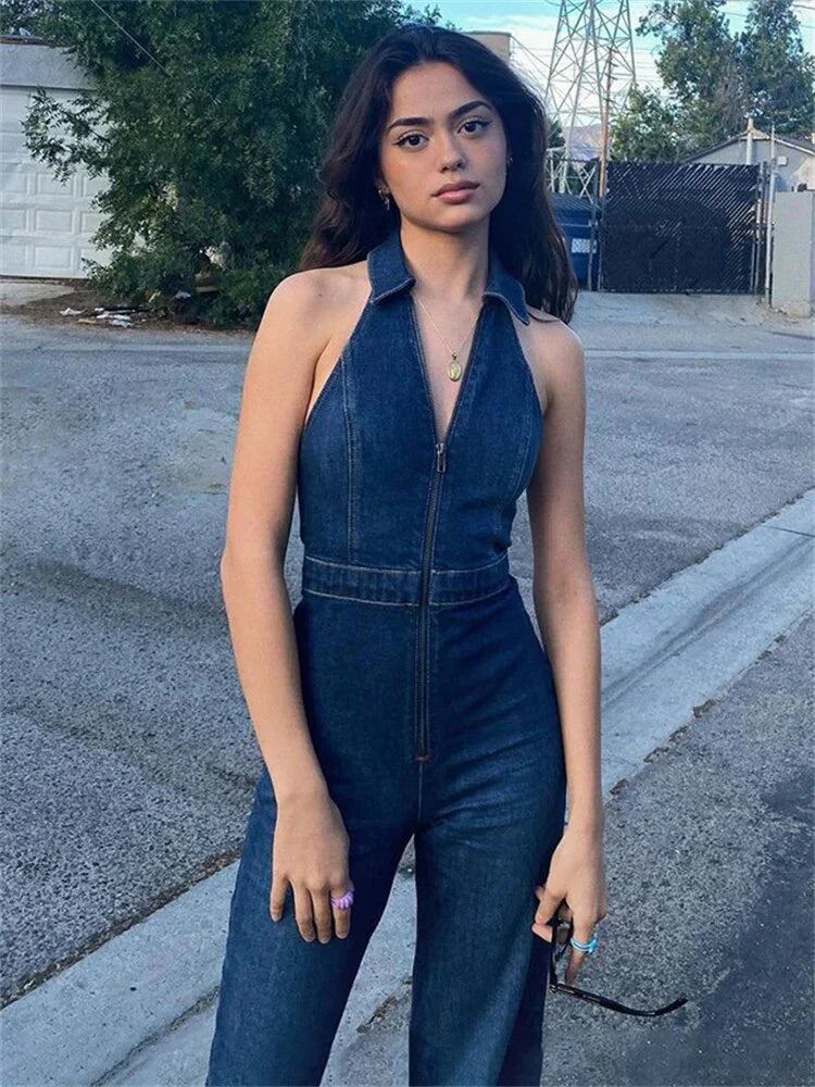 Åndbar & stilfuld denim-jumpsuit med V-hals til damer – Fenja
