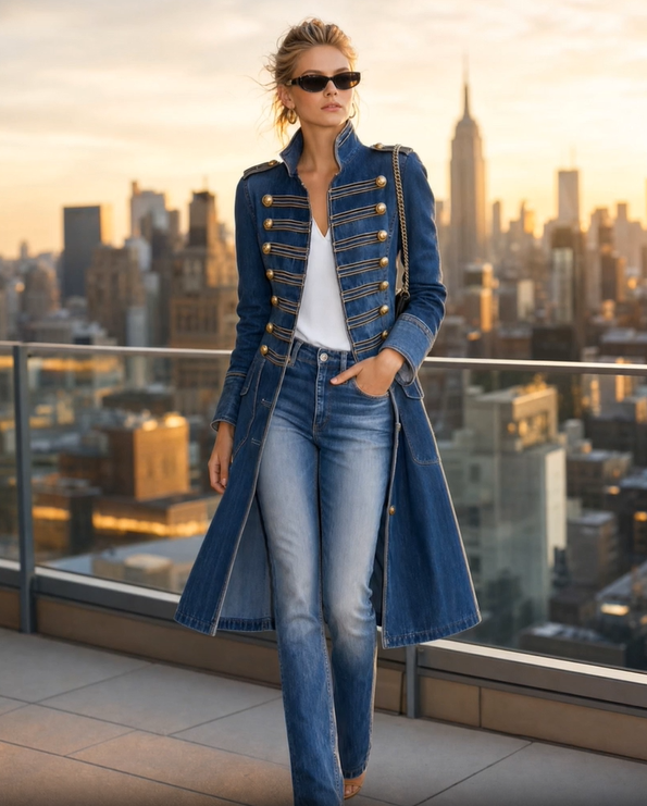 Model i blå denimfrakke med guldknapper og jeans, iført solbriller på en tagterrasse med byens skyline i solnedgang. 3