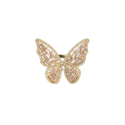 Schmetterling-Ring, goldfarben, mit rosa Kristallen, eleganter Schmuck, Damenaccessoire.