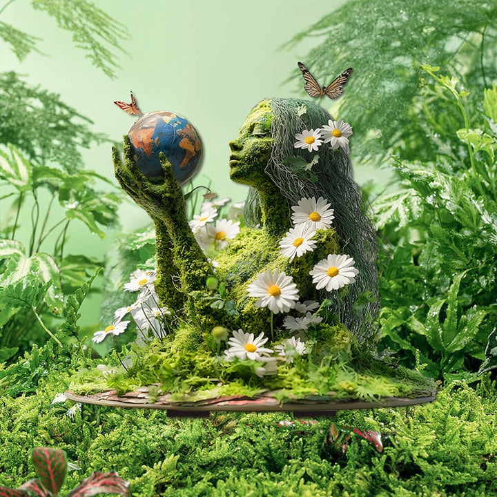 Mosgroet kvindefigur i profil, der rækker en jordklode op, omgivet af hvide margueritter, sommerfugle og bregner. 6