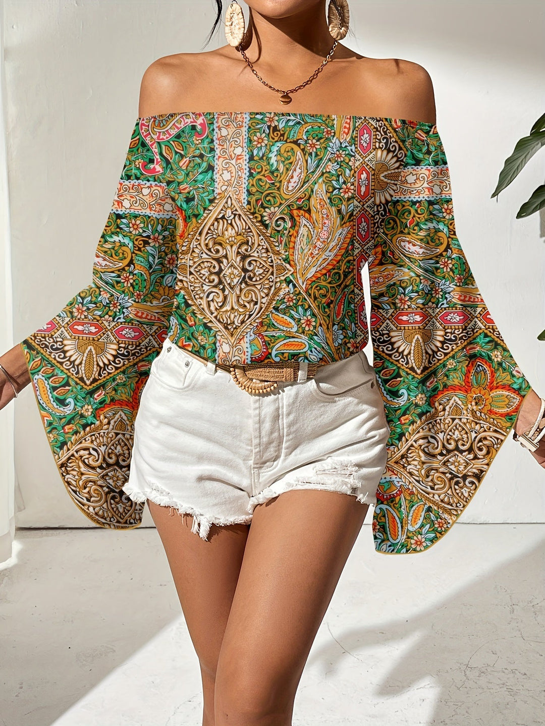 Off-Shoulder-bluse med geometrisk print – Noémie