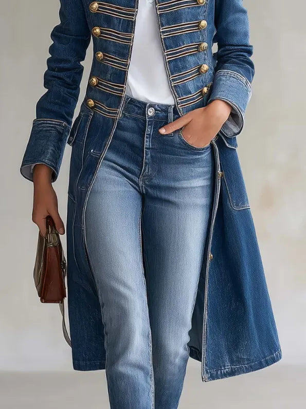 Detaljebillede af frakkens forstykke med guldknapper, snorebesyg, ærmeopslag og lommeklap, kombineret med jeans og brun taske. 6