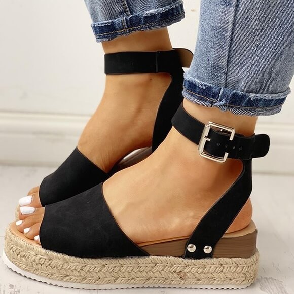 Damesandaler plateau-espadrille med kilehæl og remme – Livia