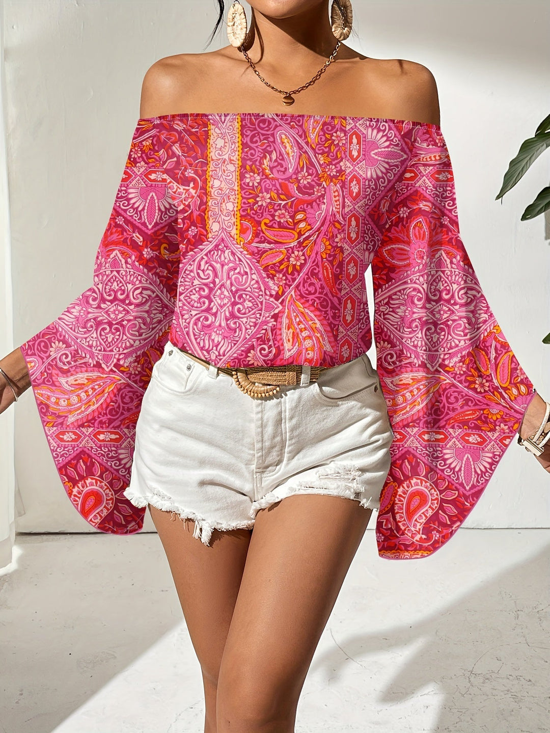 Off-Shoulder-bluse med geometrisk print – Noémie