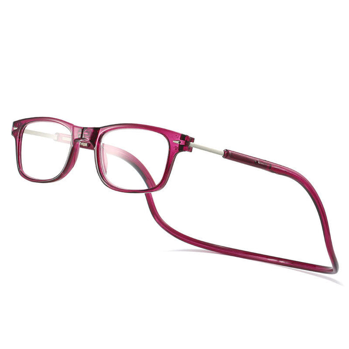 Læsebriller med stel og halsbånd i dyb lilla-pink, set skråt fra siden på hvid baggrund. 3