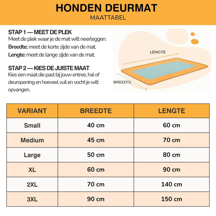Størrelsesguide med målevejledning og tabel over bredde og længde for seks størrelser, fra small til 3XL. 9