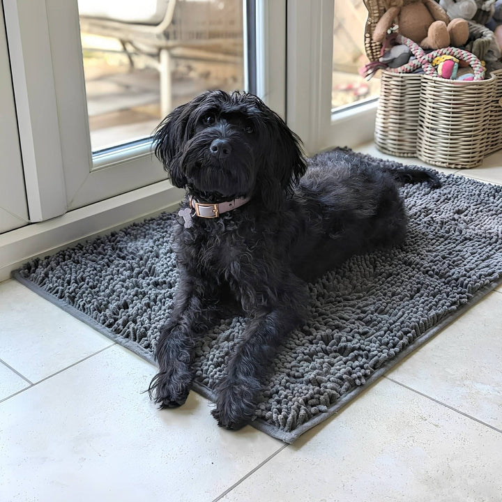 Sort hund med lyserødt halsbånd ligger på en grå chenille-måtte på flisegulv ved en terrassedør. 3