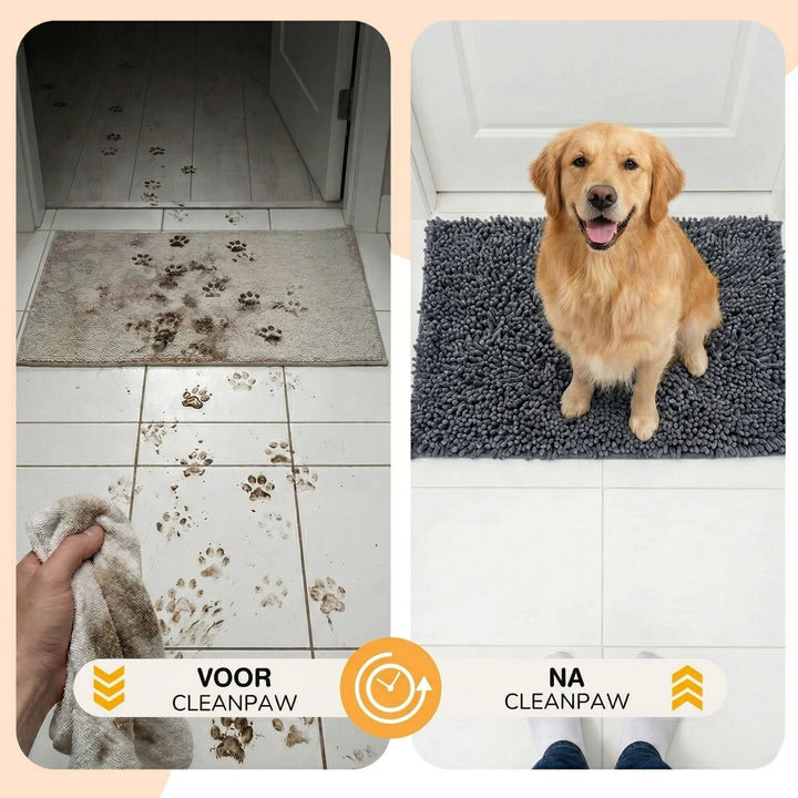 Før-og-efter-sammenligning: mudrede poteaftryk på fliser til venstre, ren grå måtte med smilende hund til højre. 6