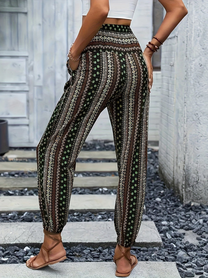 Boho high-waist damebukser med print og smocket linning – Linara