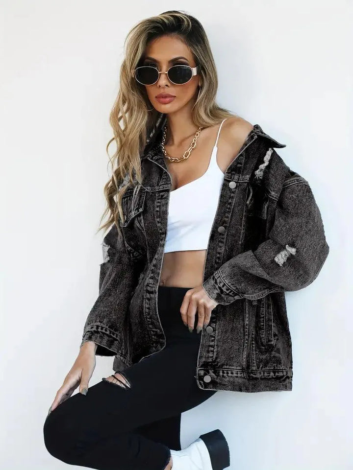 Vandtæt og foret oversized damejeansjakke med hætte – Efterårsmagi Talia