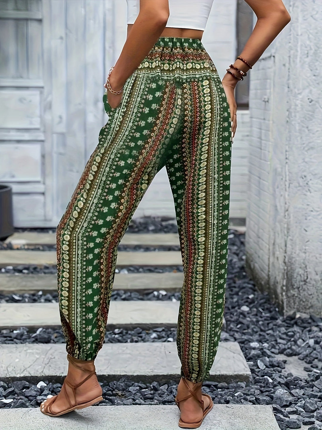 Boho high-waist damebukser med print og smocket linning – Linara