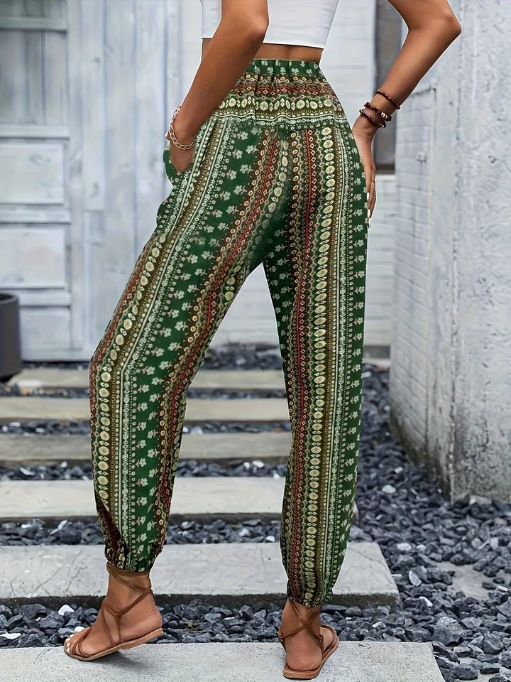Boho high-waist damebukser med print og smocket linning – Linara