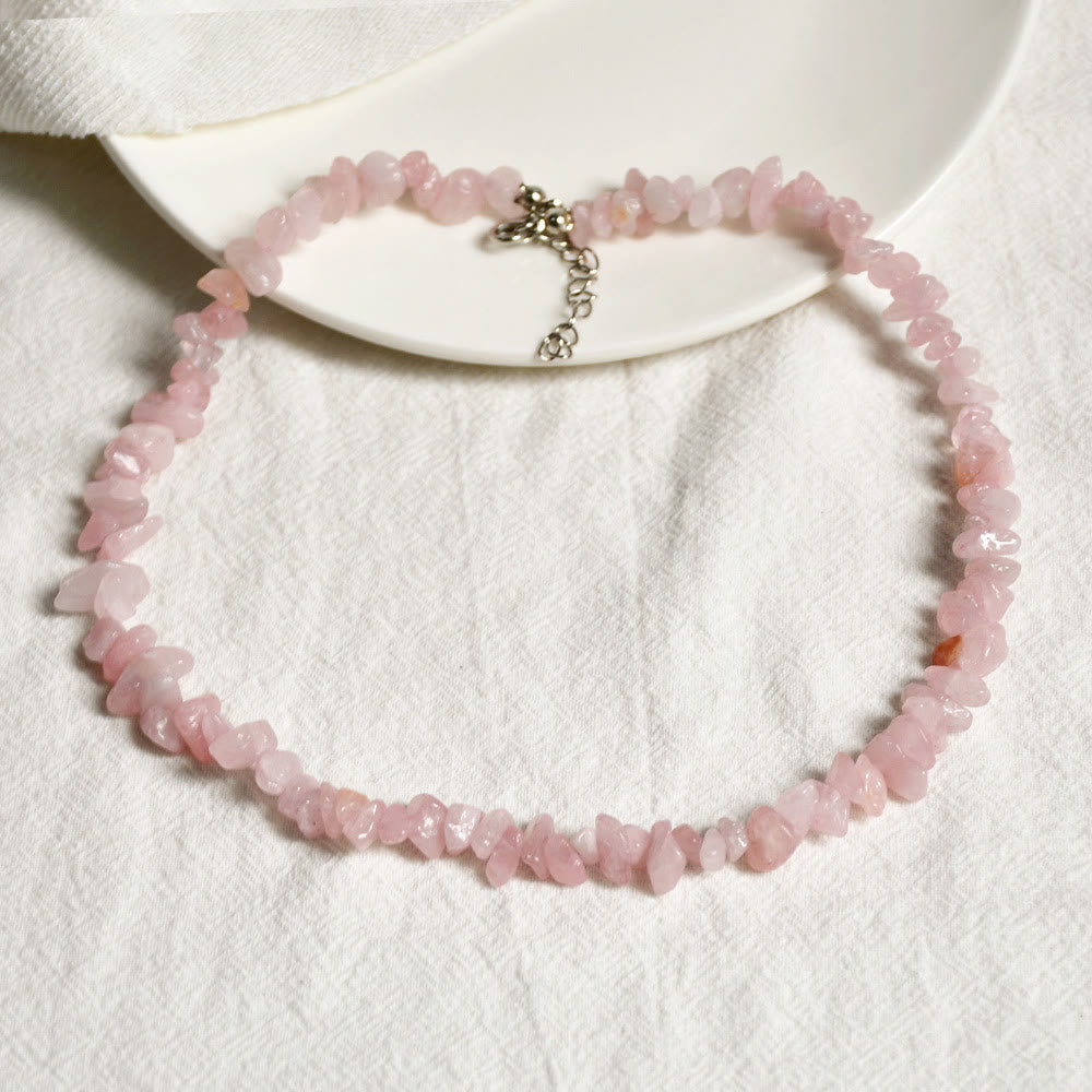 Rosenquarz Halskette, rosa, unregelmäßige Steine, Damen Schmuck, elegantes Design