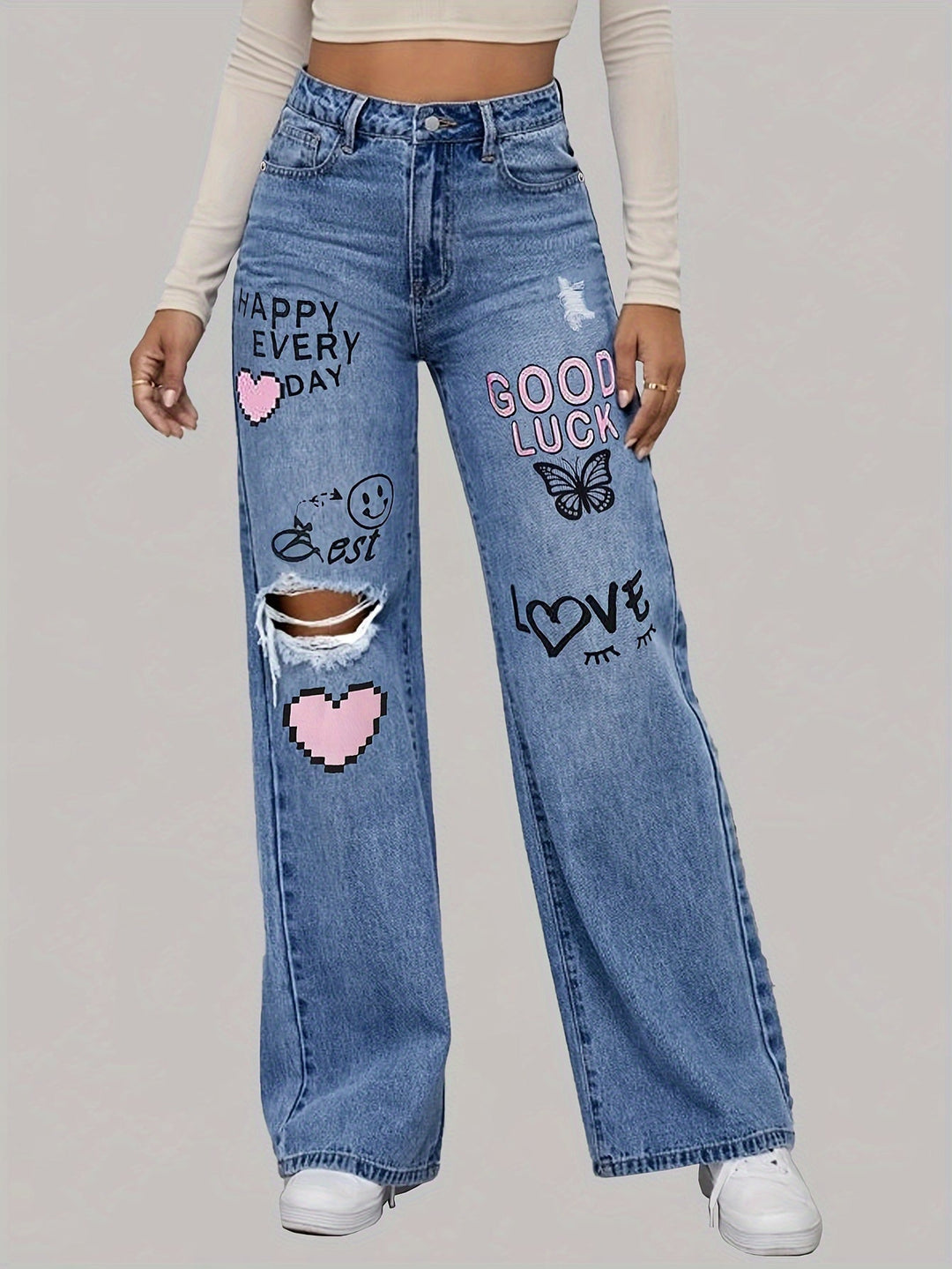 Damejeans med hjerte- og graffiti-print - Lotte