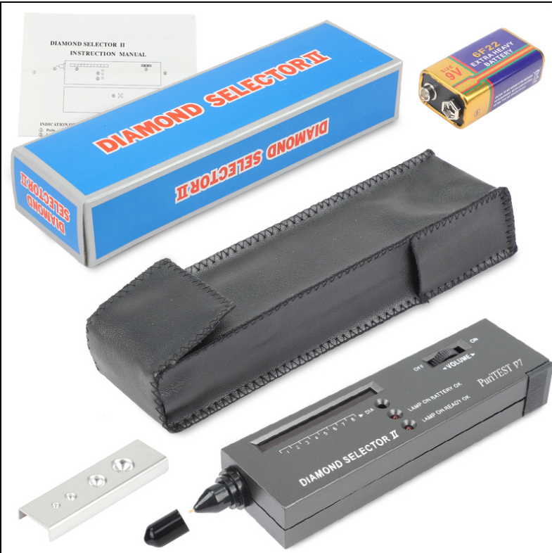 Diamanttester mit Etui, Anleitung und 9V-Batterie, schwarz, tragbar, präzise Juwelierwerkzeug.