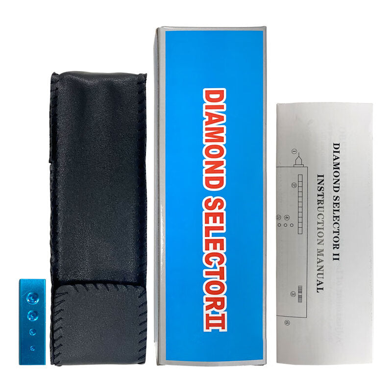 Diamanttester-Set mit blauer Verpackung, schwarzem Etui und Anleitung für Schmuckprüfung.