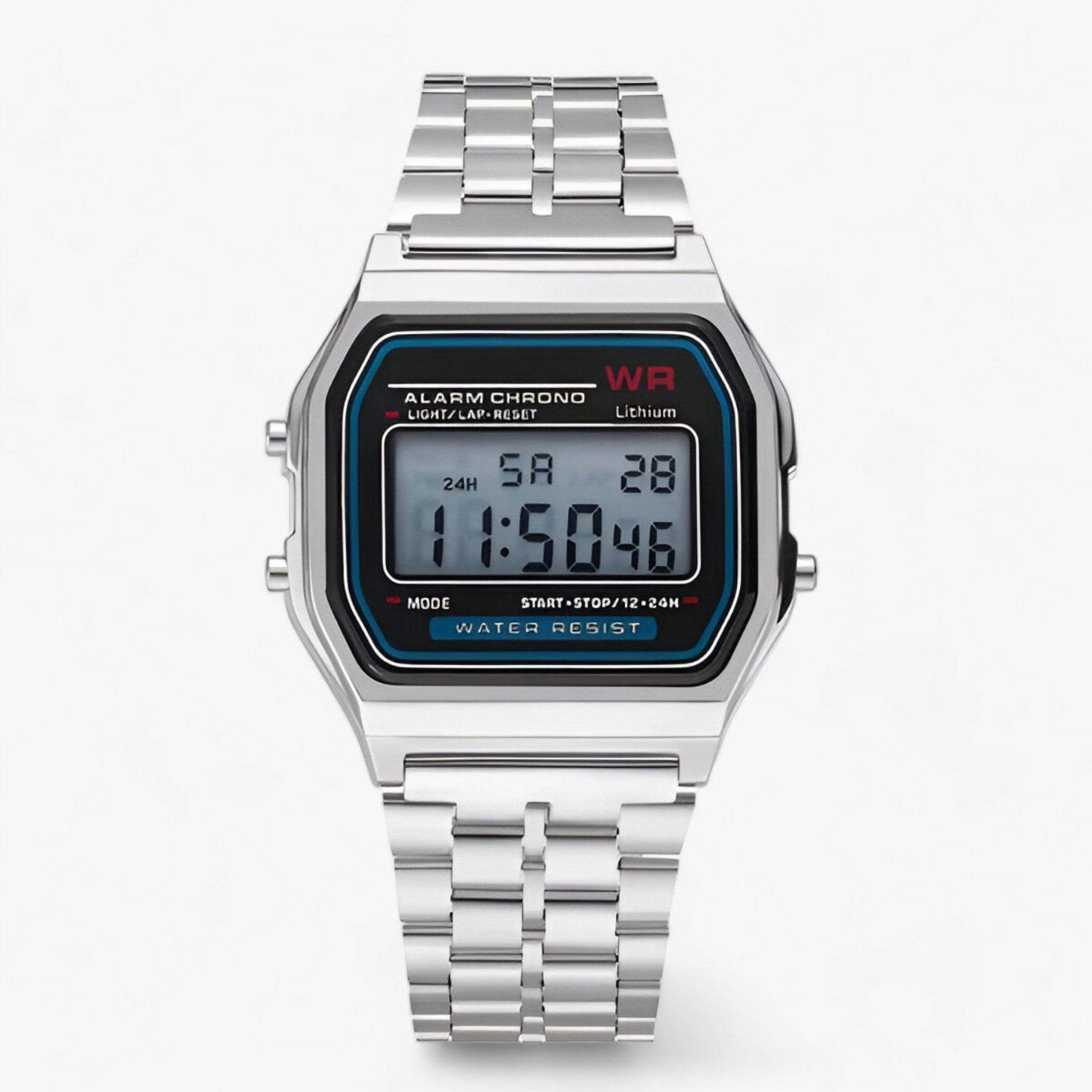 Silberne digitale Armbanduhr, Edelstahlarmband, rechteckiges Zifferblatt, wasserdicht.