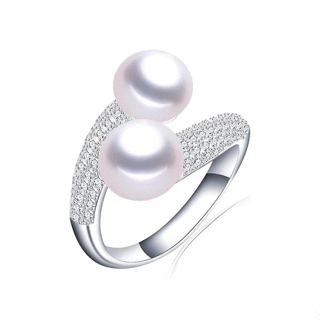 Silberring mit zwei Perlen und Zirkonia, eleganter Schmuck, Damenring, Geschenkidee.