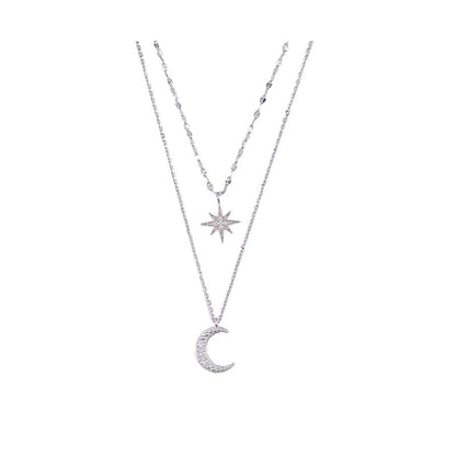 Silberne Halskette mit Stern- und Mondanhänger, Damen Schmuck, modisch, elegant, Geschenkidee.