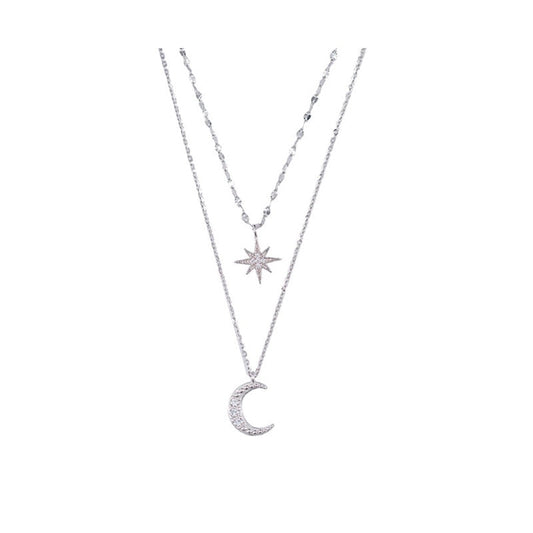 Silberne Halskette mit Stern- und Mondanhänger, Damen Schmuck, modisch, elegant, Geschenkidee.