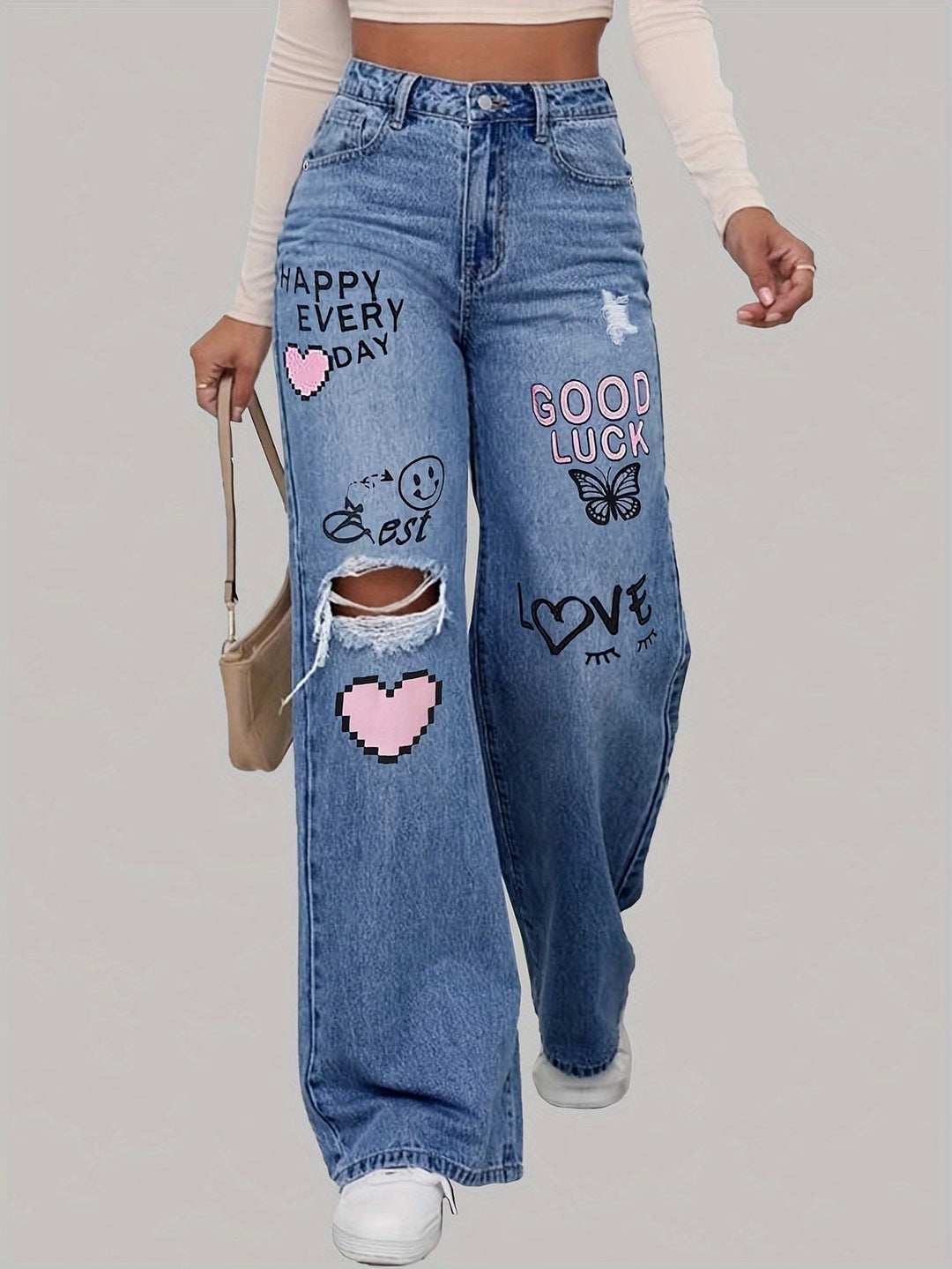 Damejeans med hjerte- og graffiti-print - Lotte