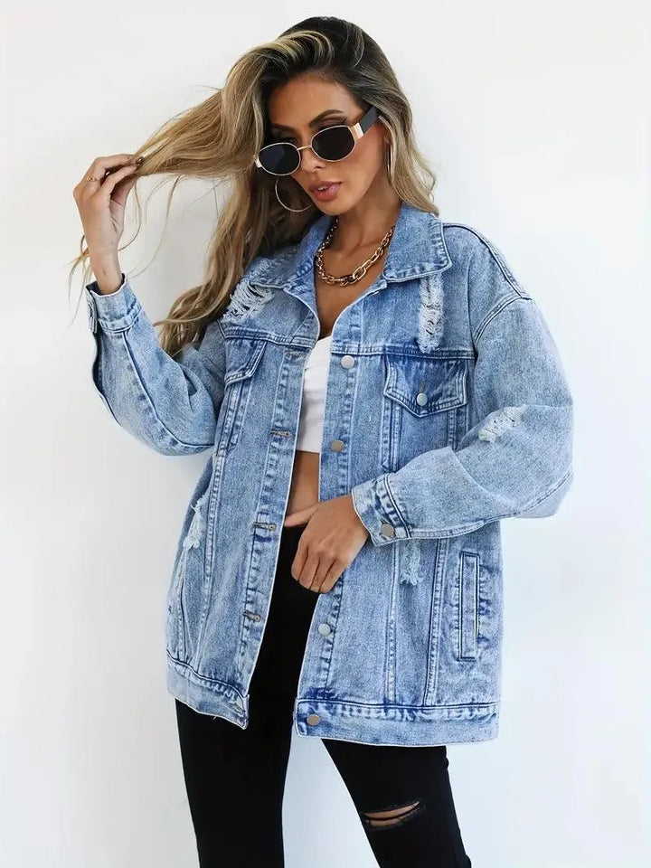 Vandtæt og foret oversized damejeansjakke med hætte – Efterårsmagi Talia