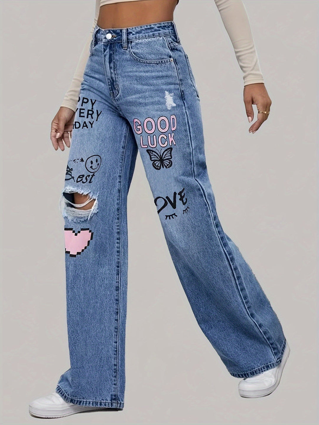 Damejeans med hjerte- og graffiti-print - Lotte