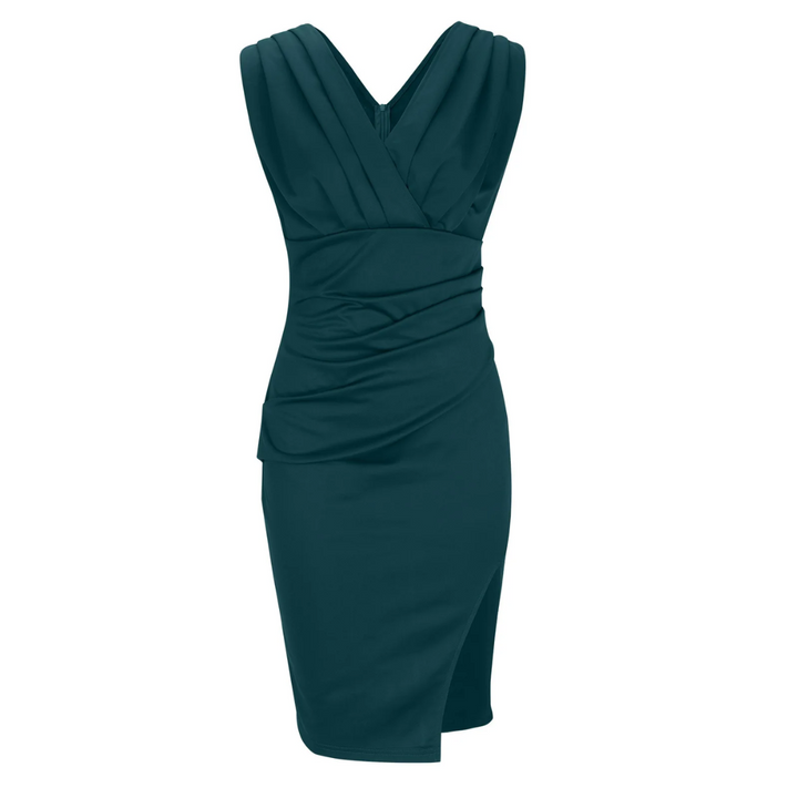 Elegantes dunkelgrünes Cocktailkleid, ärmellos, V-Ausschnitt, figurbetont, knielang.