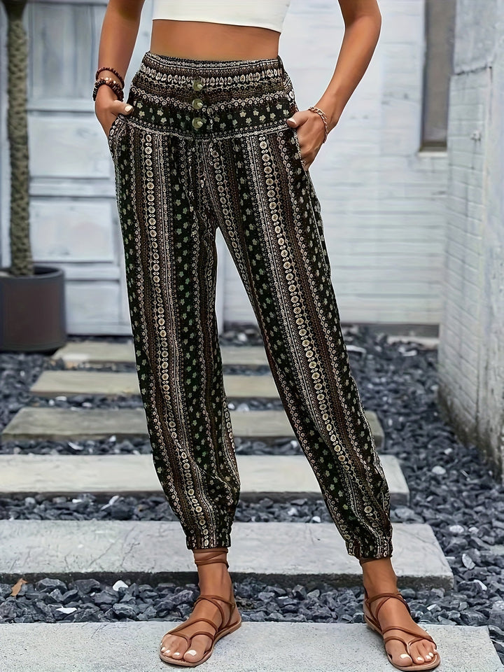 Boho high-waist damebukser med print og smocket linning – Linara