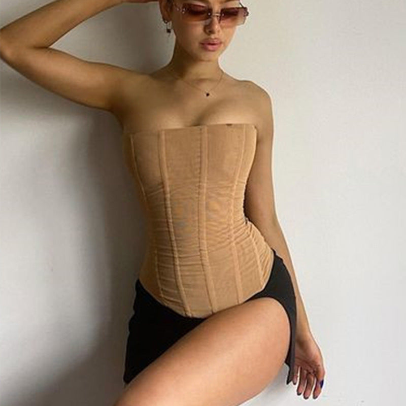 Trendy corsage-crop-top til kvinder med figurformende effekt og mesh-design – Celina