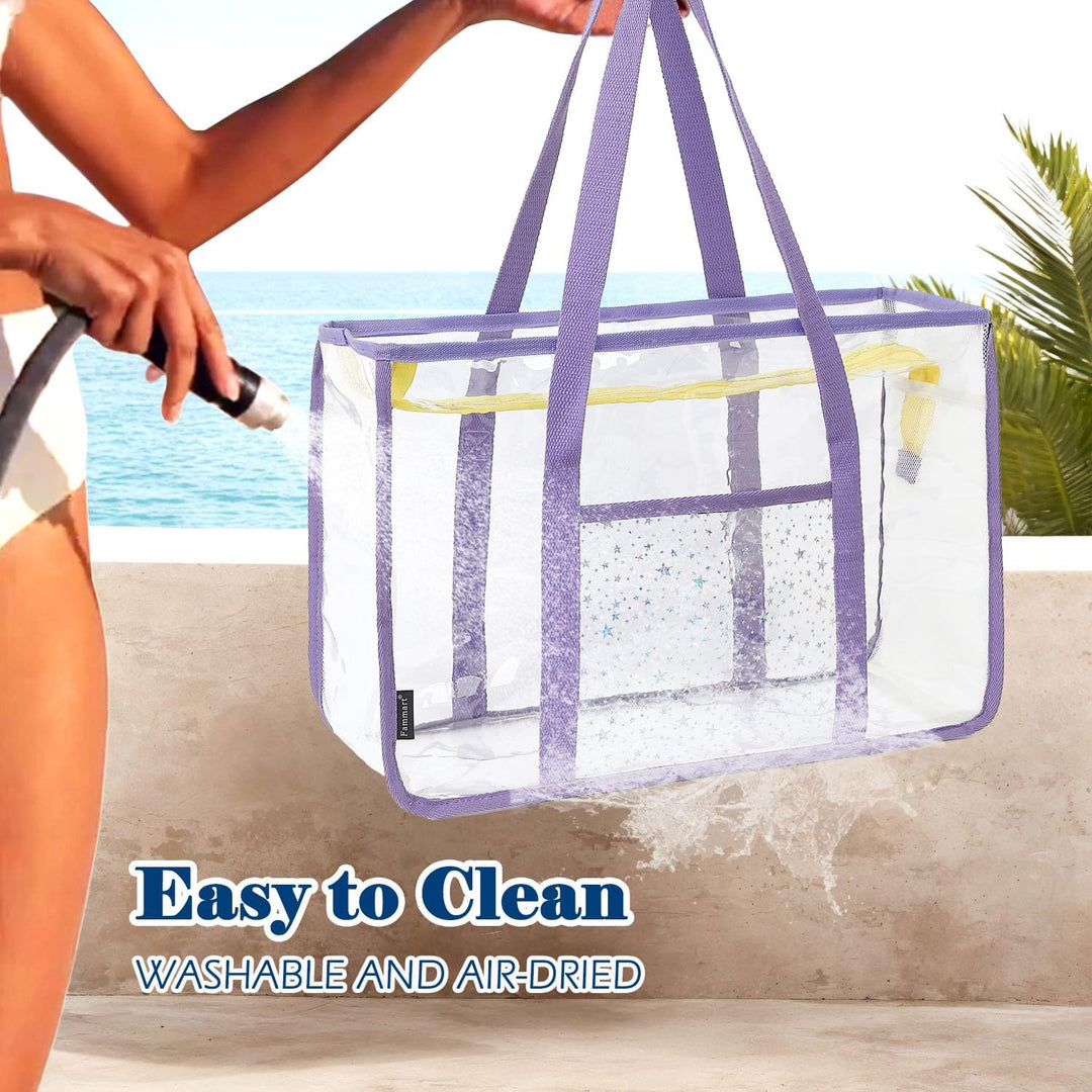 Køb 1, få 1 GRATIS – Ekstra stor gennemsigtig mesh-strandtaske med 8 lommer – ClearWave
