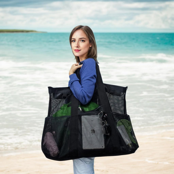 Køb 1, få 1 GRATIS – Ekstra stor gennemsigtig mesh-strandtaske med 8 lommer – ClearWave