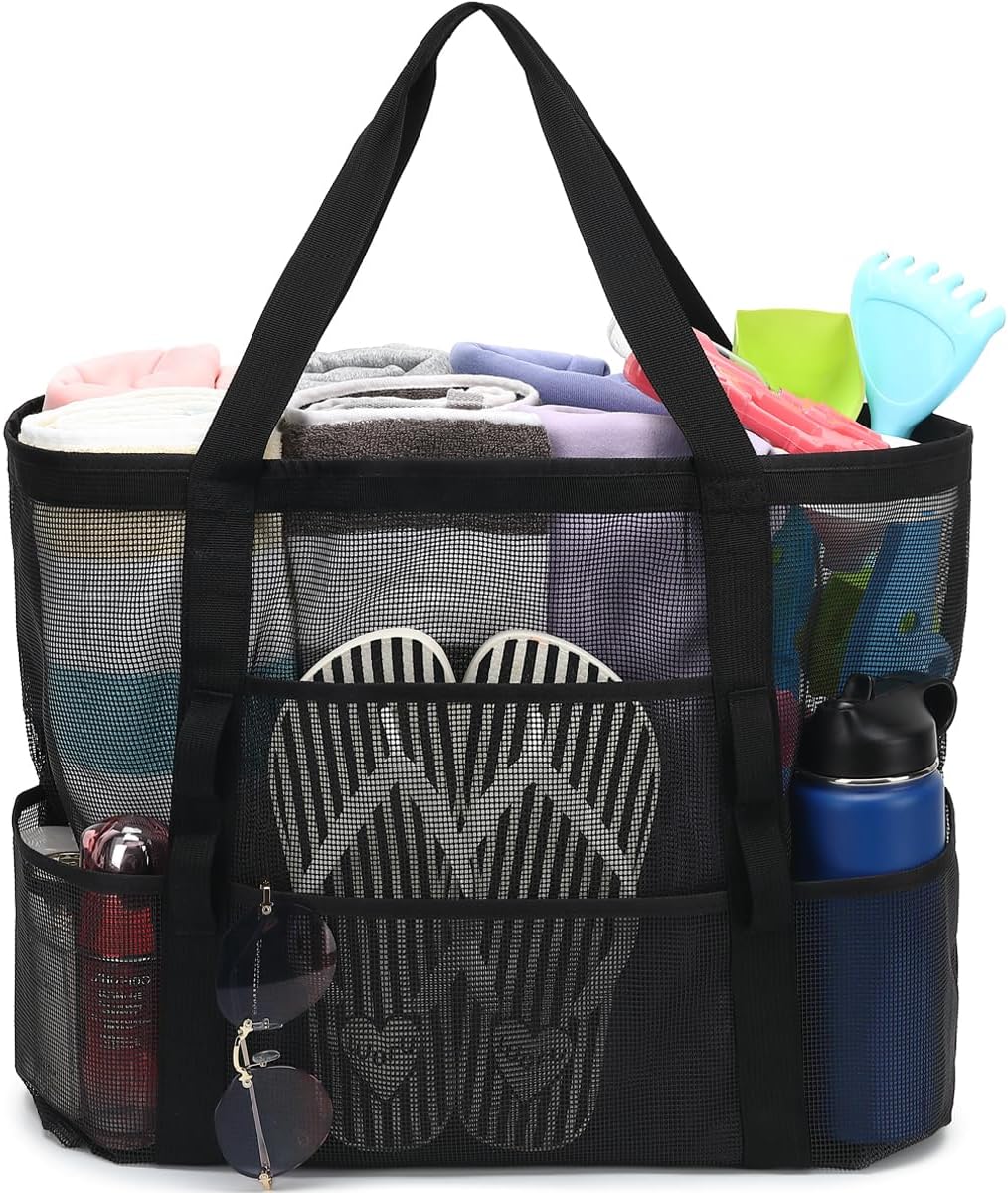 Køb 1, få 1 GRATIS – Ekstra stor gennemsigtig mesh-strandtaske med 8 lommer – ClearWave