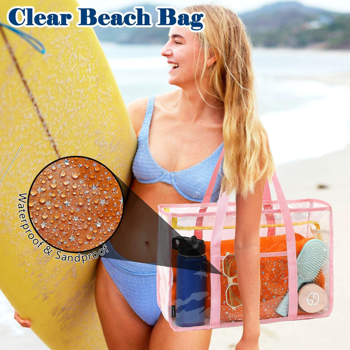 Køb 1, få 1 GRATIS – Ekstra stor gennemsigtig mesh-strandtaske med 8 lommer – ClearWave