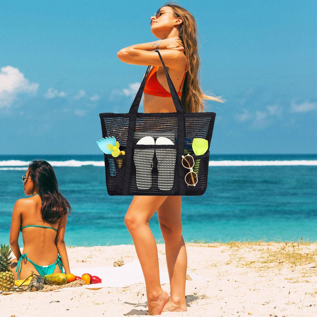 Køb 1, få 1 GRATIS – Ekstra stor gennemsigtig mesh-strandtaske med 8 lommer – ClearWave