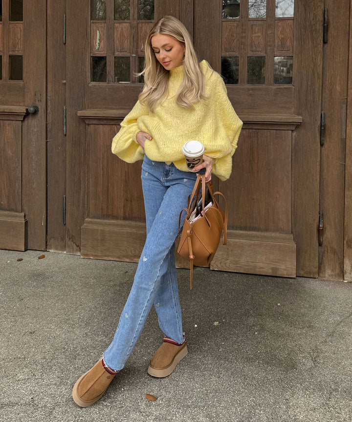 Damer stretchjeans med vide ben og hjerteprint - Amelie