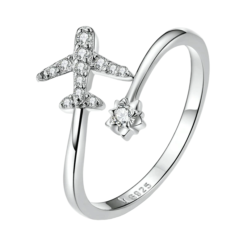 Silberring mit Flugzeug-Design, Zirkonia-Steinen, 925 Sterling Silber, Damen-Schmuck.