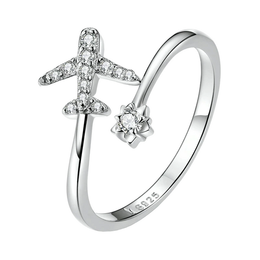 Silberring mit Flugzeug-Design, Zirkonia-Steinen, 925 Sterling Silber, Damen-Schmuck.