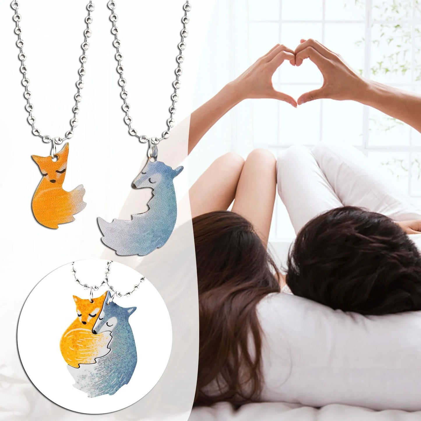 Fuchs-Paar-Halskette, orange-blau, Edelstahl, romantisches Geschenk, Liebespaar-Schmuck.
