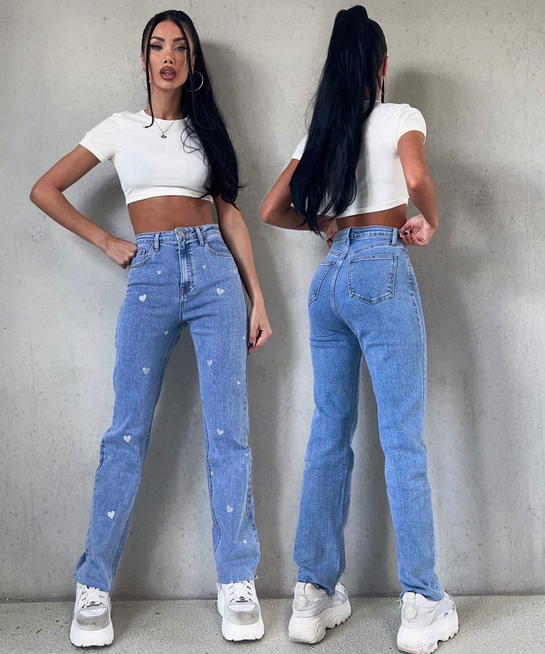 Damer stretchjeans med vide ben og hjerteprint - Amelie