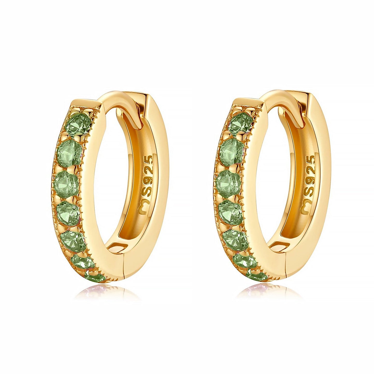 Goldene Creolen mit grünen Edelsteinen, 925er Silber, eleganter Schmuck, Ohrringe für Damen.