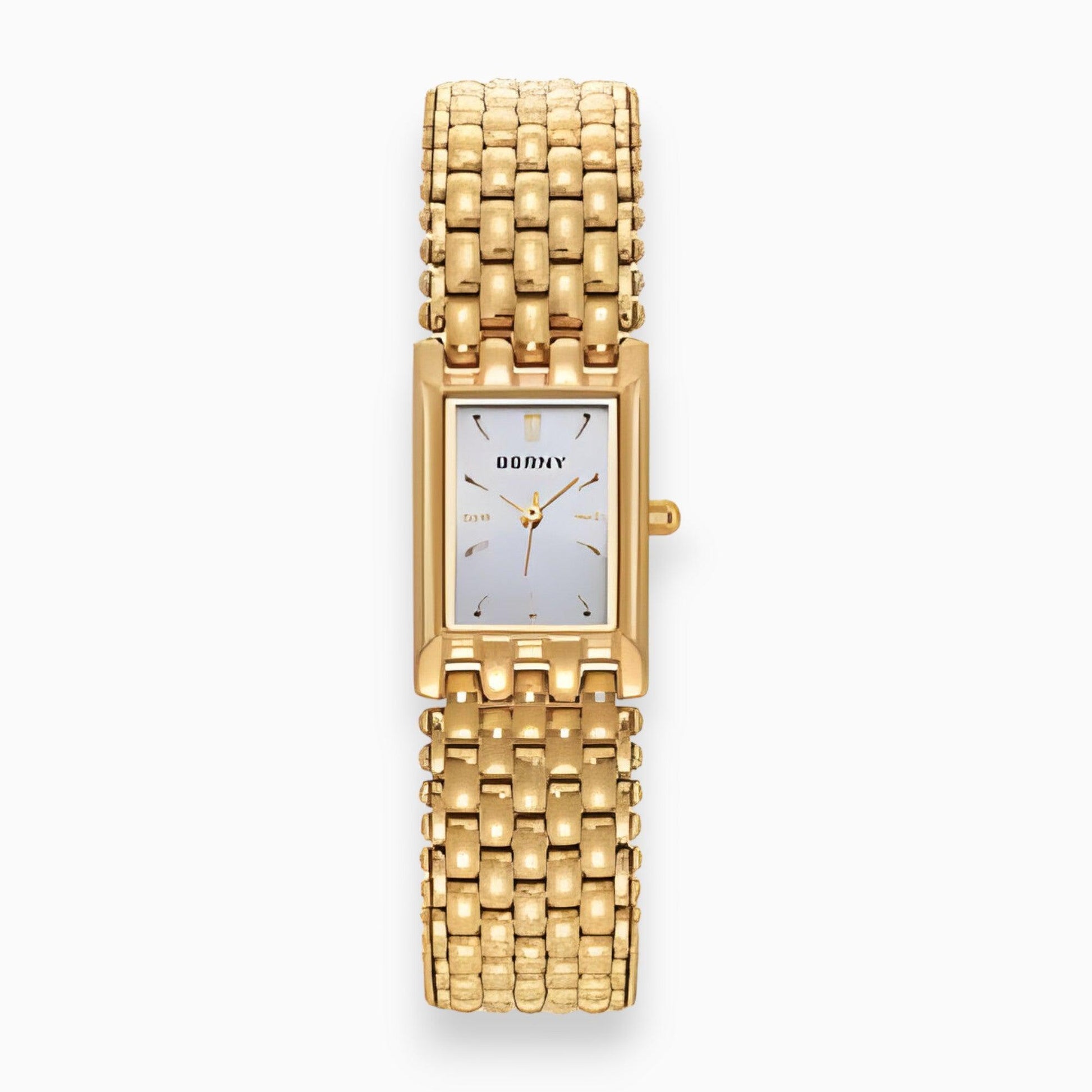 Goldene rechteckige Armbanduhr, Metallarmband, elegantes Design, Damenuhr, Luxusaccessoire.