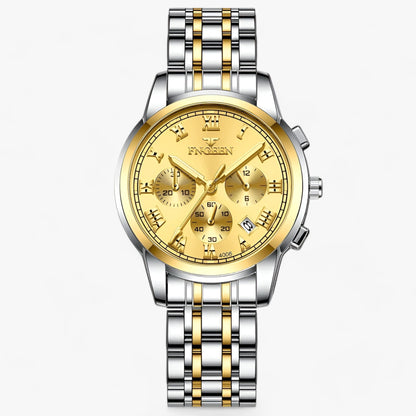 Luxus Herrenarmbanduhr, gold-silbernes Edelstahlarmband, Chronograph, elegantes Design