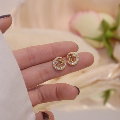 Goldene Ohrringe mit Pferdemotiv, Strasssteinen, Damen-Schmuck, elegant, modisch.
