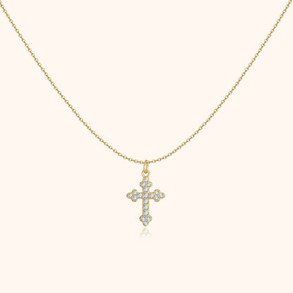 Goldene Halskette mit Kreuzanhänger, besetzt mit Diamanten, eleganter Schmuck für Damen.