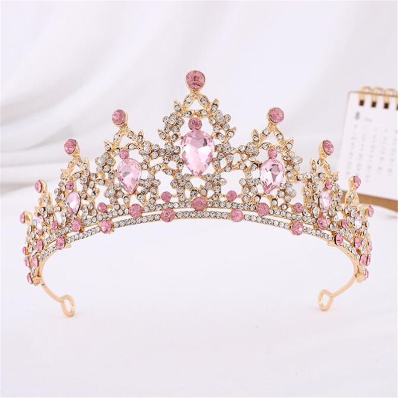 Goldene Tiara mit rosa Kristallen, ideal für Hochzeiten und Abschlussbälle, Mädchen Haarschmuck.