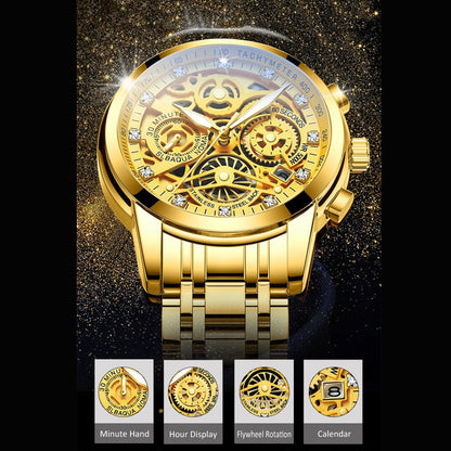 Goldene Skelett-Uhr mit Chronograph, Edelstahlarmband, luxuriöses Design, Herrenuhr.