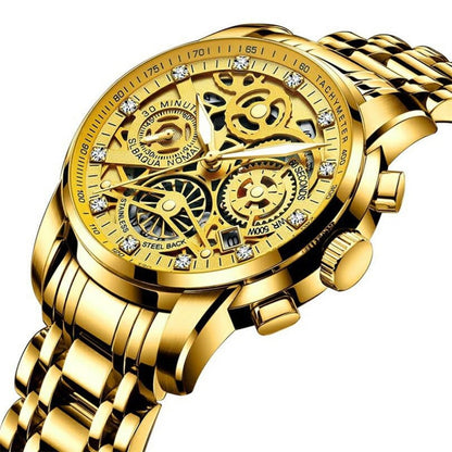 Luxus Herrenarmbanduhr, goldfarben, skelettiertes Zifferblatt, Edelstahl, Chronograph.