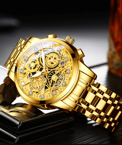 Luxuriöse goldene Armbanduhr mit Skelettzifferblatt und Edelstahlarmband, Herrenuhr.