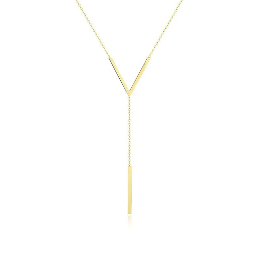 Goldene Y-Halskette, minimalistisches Design, eleganter Schmuck für Damen, modisches Accessoire.